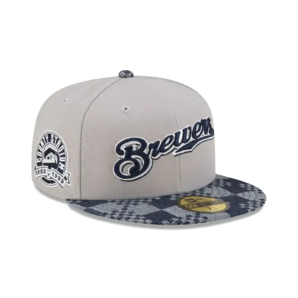 Fashion Milwaukee Brewers Pattern Denim 59FIFTY Fitted Hat - KTGCaps - Baseball caps for various teams, purchased online at a discount